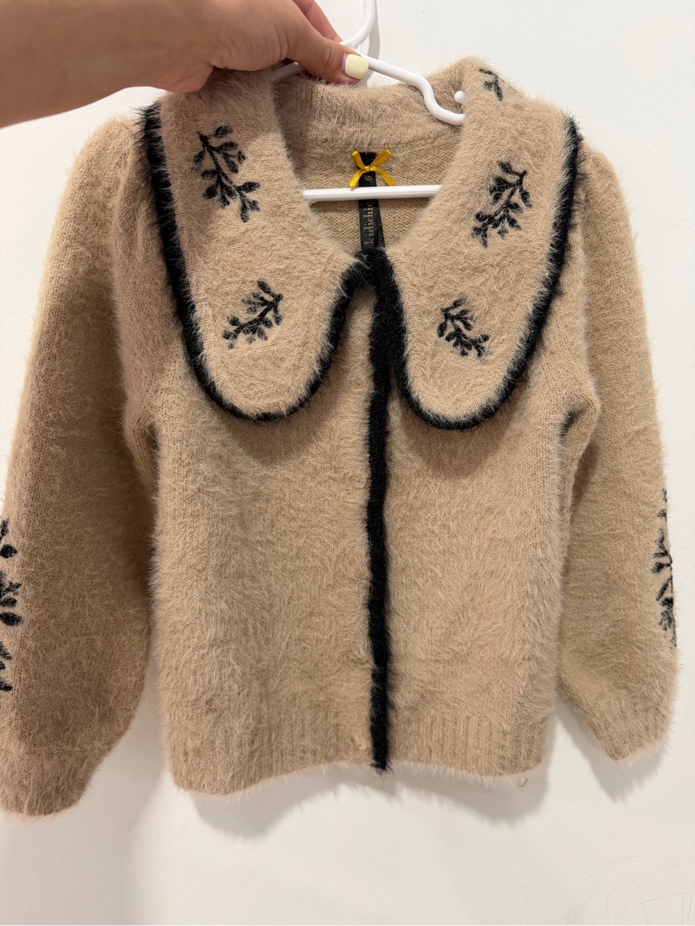 Tan Fuzzy Cardigan with Black Trim & Embroidered Accents